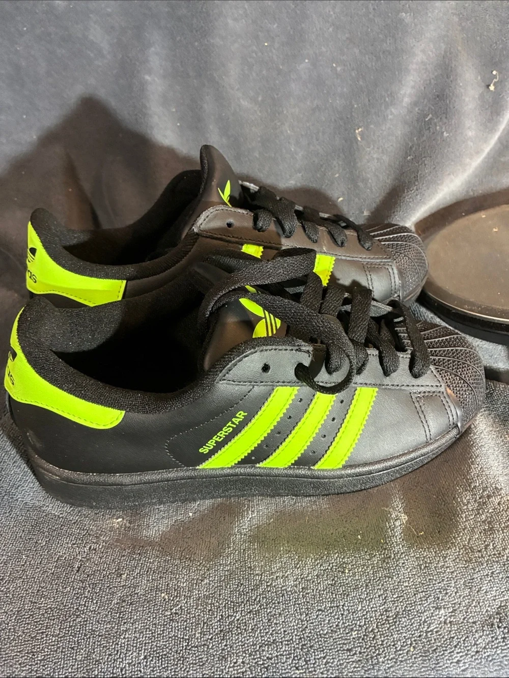 adidas Kids Superstar Sneakers in Black with Neon Green Stripes